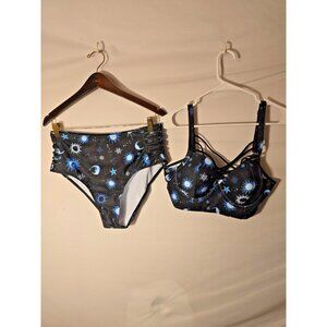 Dressfo New NWT Sun Moon Bikini Swimsuit Top Bottom Blue Black Womens Large L 14